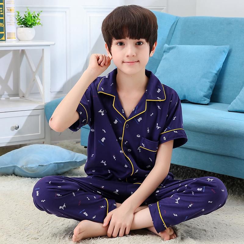 Summer Short Sleeve Long Pants Cartoon Cute Casual Cotton Boy‘s Pajamas Set Cardigan Lapel Comfortable Sleepwear Children Pyjamas