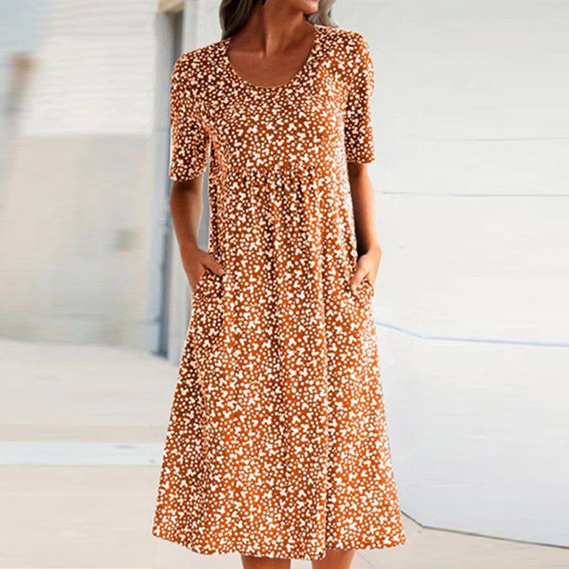 Ethnic Floral Print Vintage Party Dress 2021 Women Sexy V-neck Short Sleeves Dress Spring Summer Pocket Pleated A-Line Dress 5XL