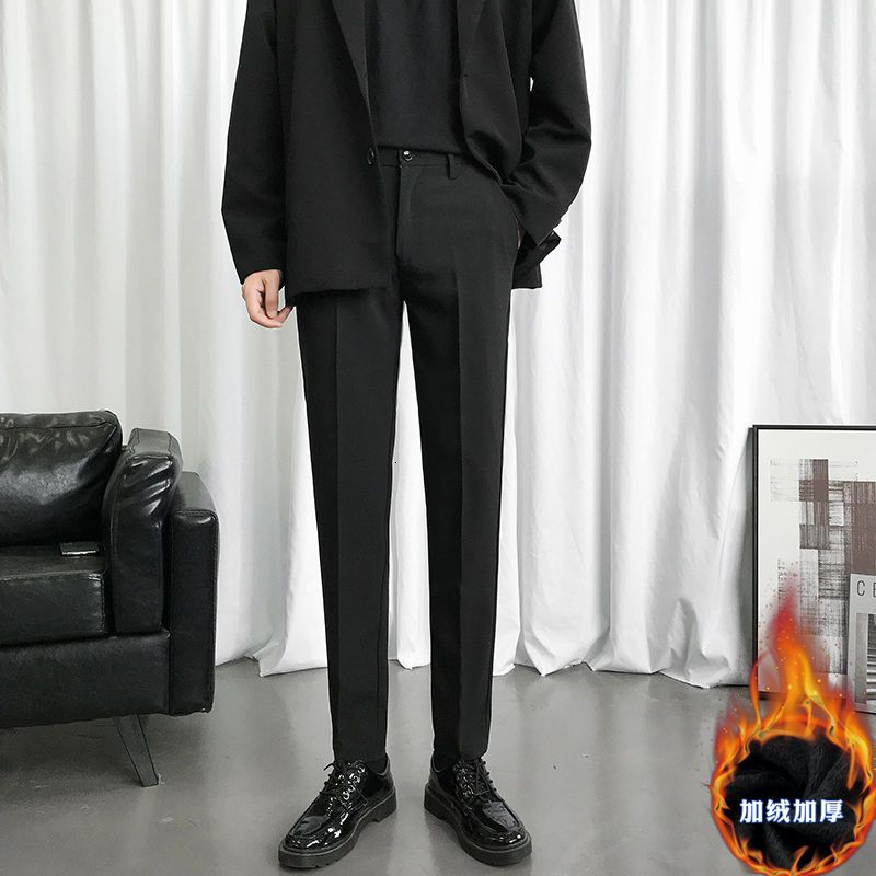 Winter Plus Velvet Suit Pants Men's Slim Warm Fashion Solid Color Business Casual Pants Men Society Dress Pants Mens Trousers