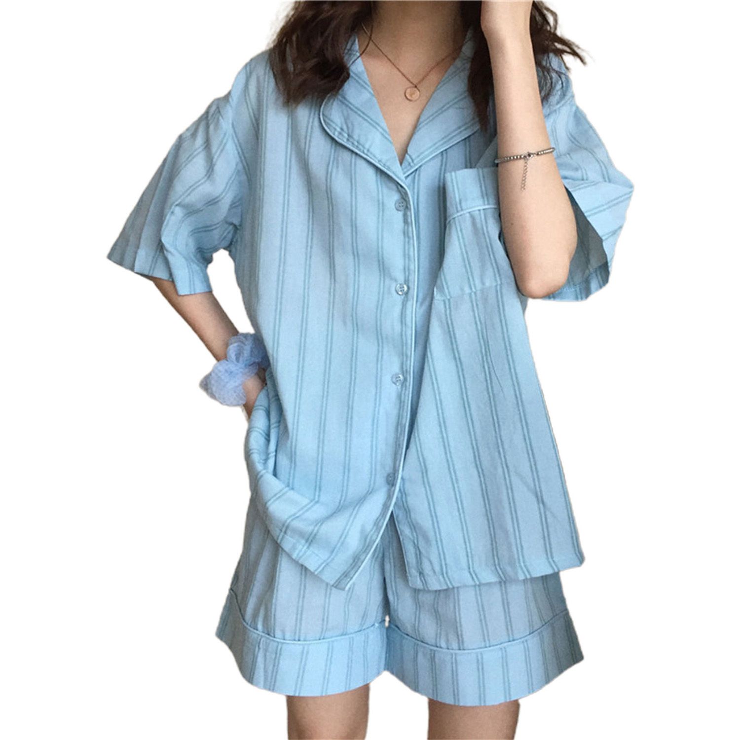 1Set Women Pajama Striped Design All-match Soft Tops Shorts Pajama Set for Home