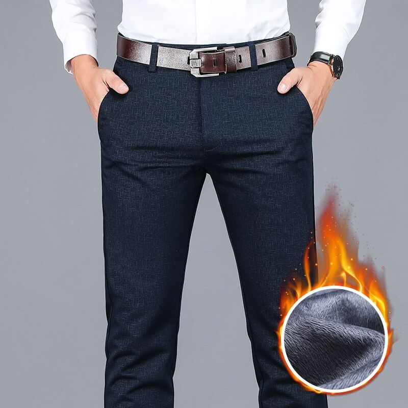 Winter Brand Fitted Straight Trousers Fleece Thick Warm Classic Jacquard Business Men's High Waist Casual Pants