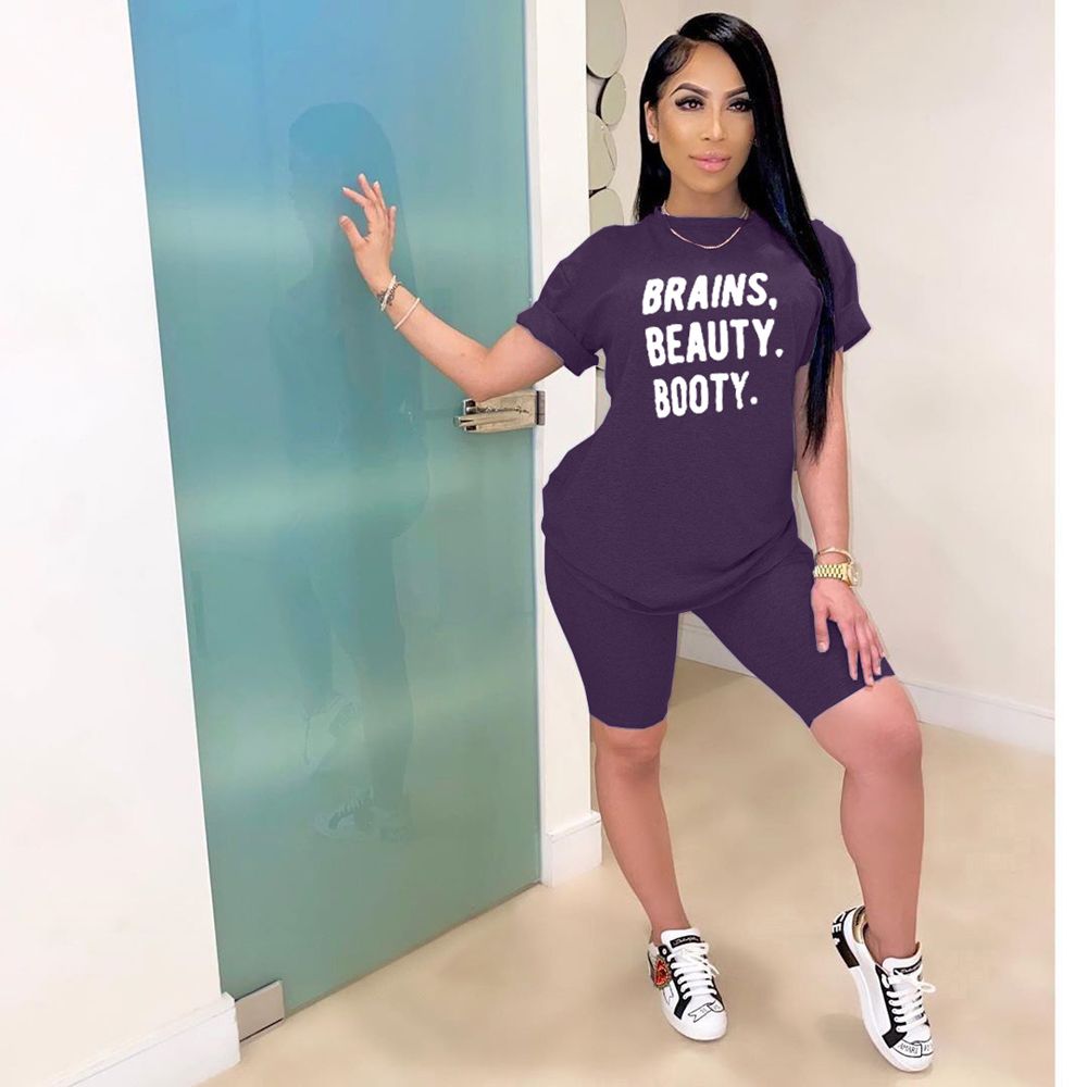 2021 Women Casual 2-piece Outfit Set Short Sleeve Letter Print T-shirt and Solid Color Shorts Set