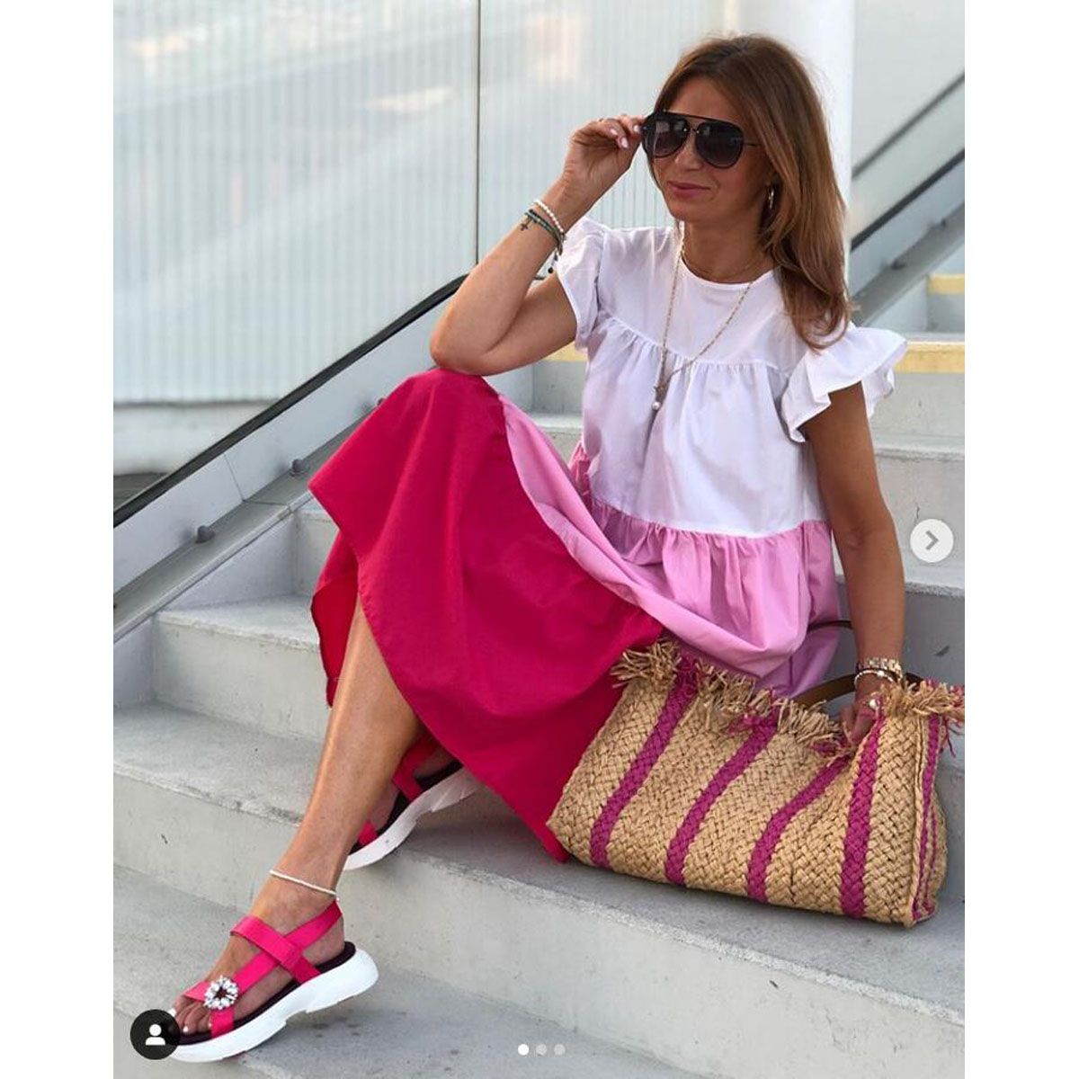 Elegant Patchwork Color Dress Women O Neck Half Sleeve Oversize Casual Midi Dresses Female Summer Clothes