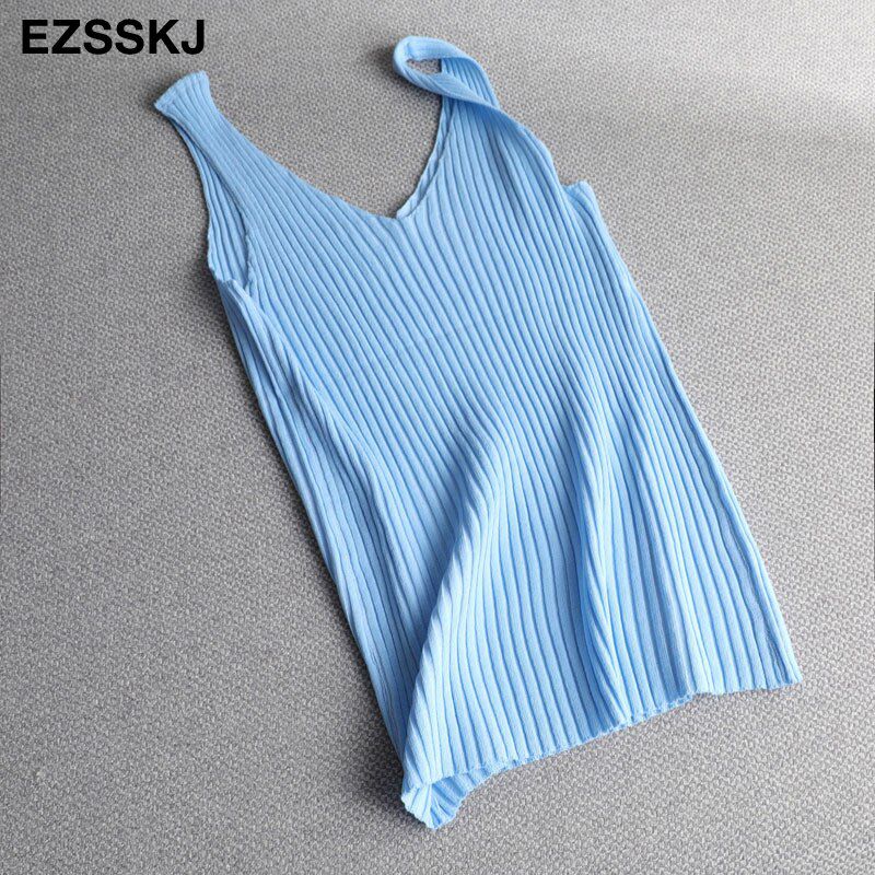 v-neck knit tank TOP Summer Slim Women BAISC Tops female short female solid casual sleeveless t-shirt top