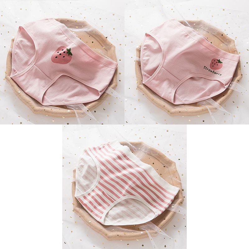 3PCS/Set Soft Cotton Underwear Women Breathable Lingerie Sweet Strawberry Cartoon Women's Panties Pink Plus Size Low-Rise Briefs for Girls & Women