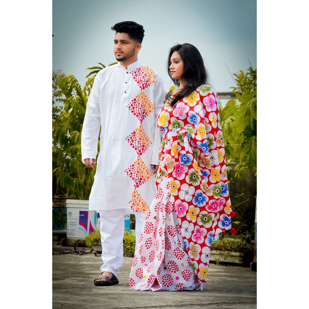 Exclusive Designer Half Silk Shuli Ful Saree and Dhupian Panjabi Combo For Couple