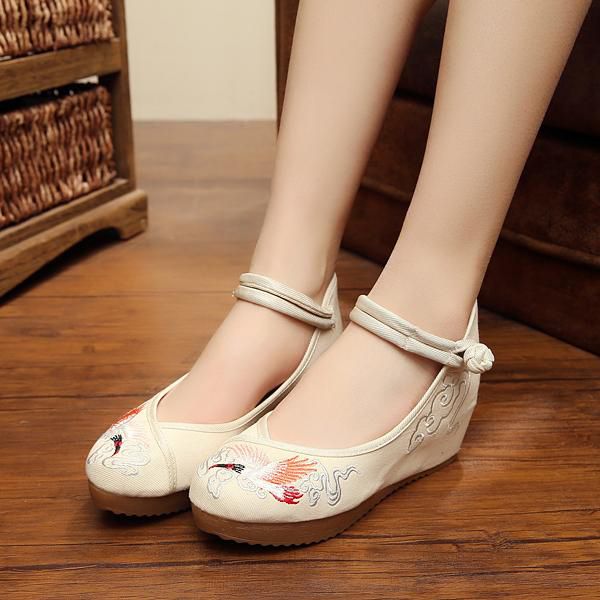 Crane Cloud Embroidery Chinese Knot National Wind Lace Up Wedge Heel Shoes