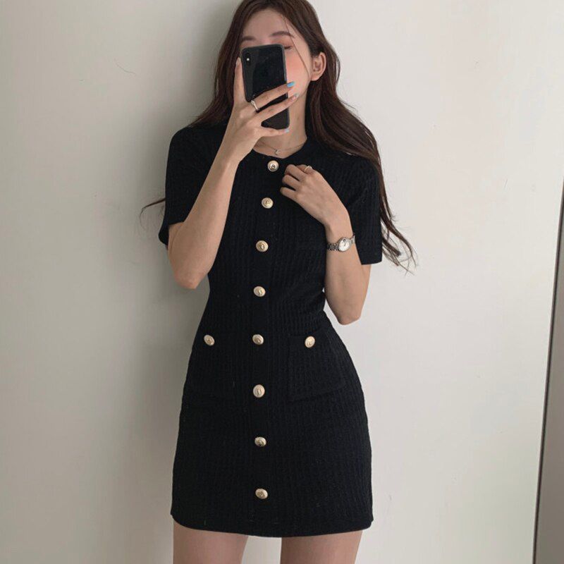 Button Knitted Dress Bodycon Mini Vestido Curto Korean Summer Party Elegant Black Black Moda Feminina Ropa Mujer Robes