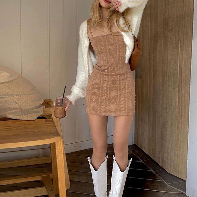 Women's Spaghetti Strap Mini Dress, Sleeveless Solid Color Cable Knit Bodycon Dress