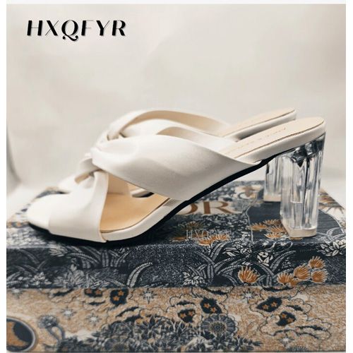 Mules Shoes Women Square Heel Slippers Women Summer High Heels Square Toe Sandals Slides Ladies Shoes White Black