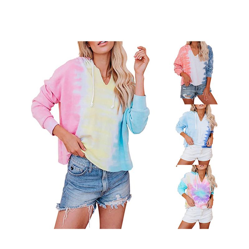 Women Color Block Hoodies Outfits, Lightweight V Neck Long Sleeve Casual Hooded Sweatshirts