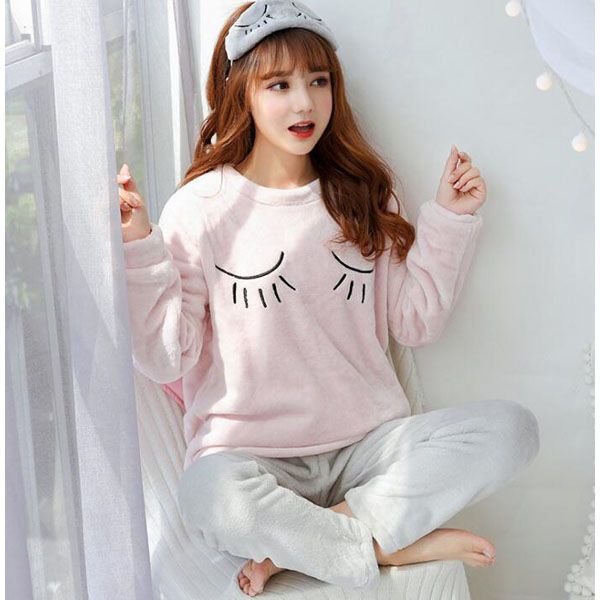 Cartoon pajamas set Women Thicken Coral fleece Sleepwear Pijama Autumn Winter Korean sweet Home Pyjamas suit WHX02
