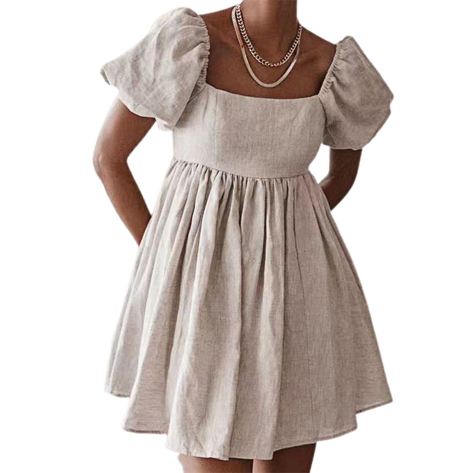 Dress Puff Sleeve Loose Khaki Women High Waist A-line Dress for Vacation