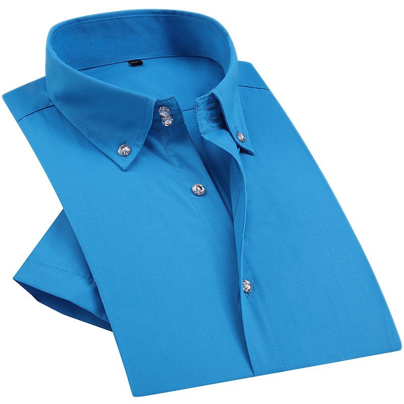Summer Mens Dress Shirt Diamond Buttons Casual White Short Sleeve Luxury High Collar Slim Fit Stylish Business