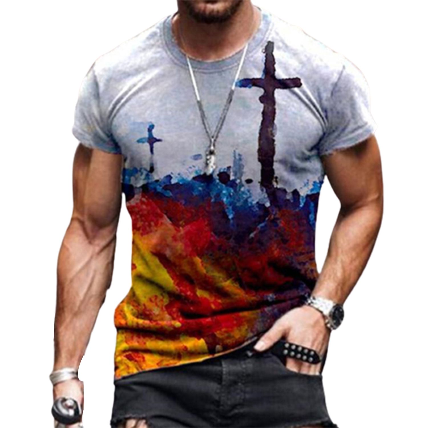 Men T-shirt Cross Print Short Sleeve Slim Top Cotton Blend Pullover for Summer
