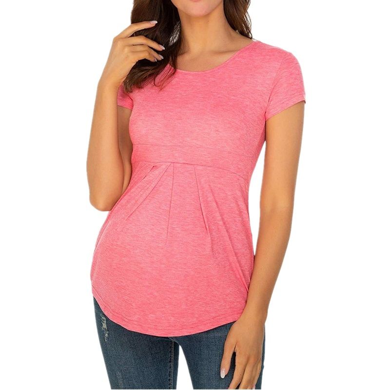 Ruffle Shirt Pleated Maternity Blouse With Short Sleeves