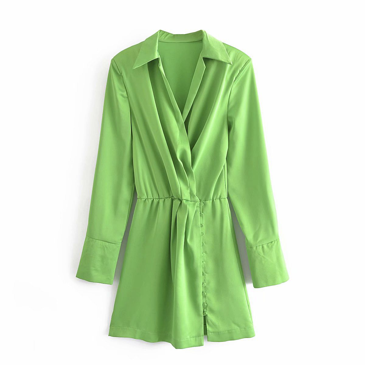Summer Shirt Dress Women Long Sleeves Casual Fashion Chic Lady Light Green Short Dress Za Women