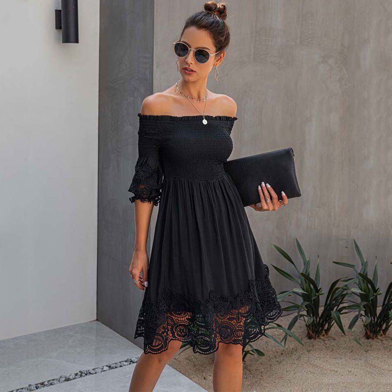 Off Shoulder Women Elegant Dress Autumn Ruched White Black Lace Dress Midi A Line Backless Party Dresses Ladies