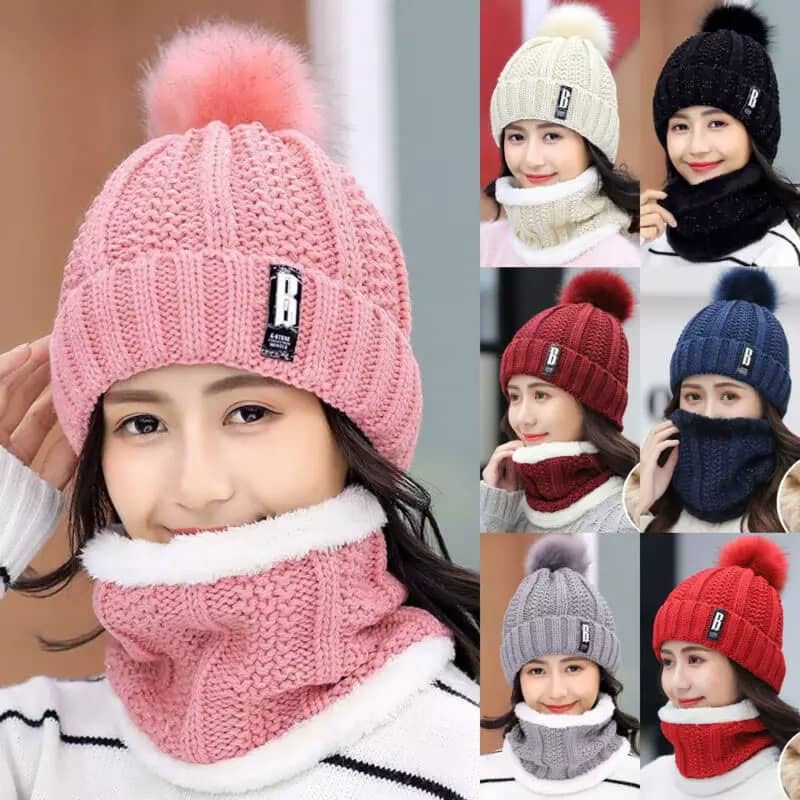 Women's Winter Hat With Scarf / Fashionable Woman Cap And Scarf For Winter Comfortable & Soft Warm 1 Set Snow Proof Ball Cap (Inside Fur) Woolen Beanie Cap With Scarf for Women Girl Ladies-.