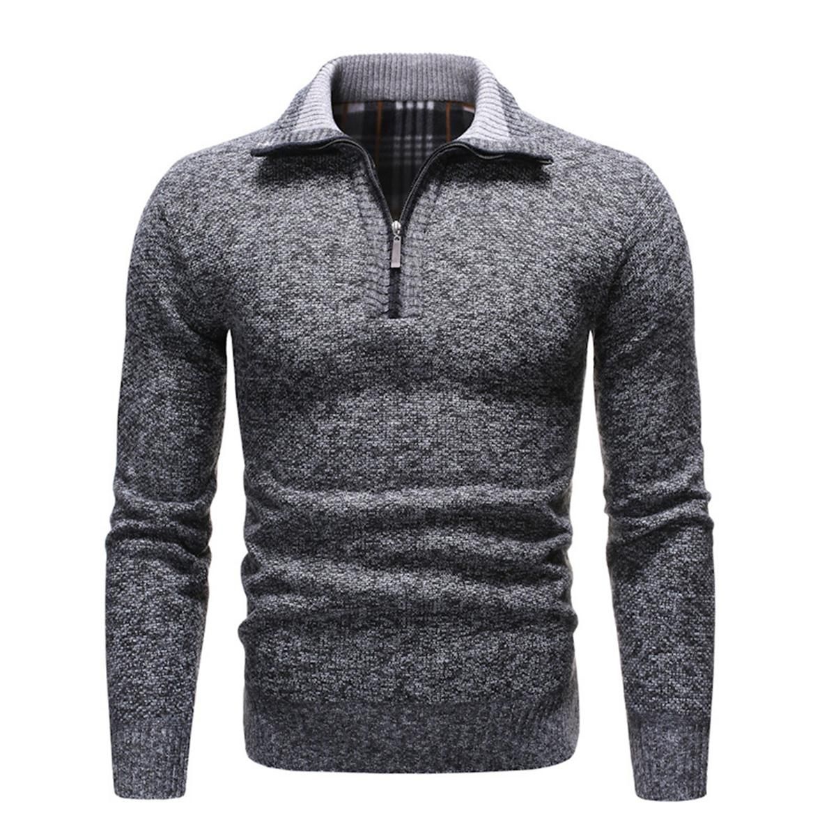 Pullover Sweater Ribbed Hem Zipper Neck Lapel Winter Sweater