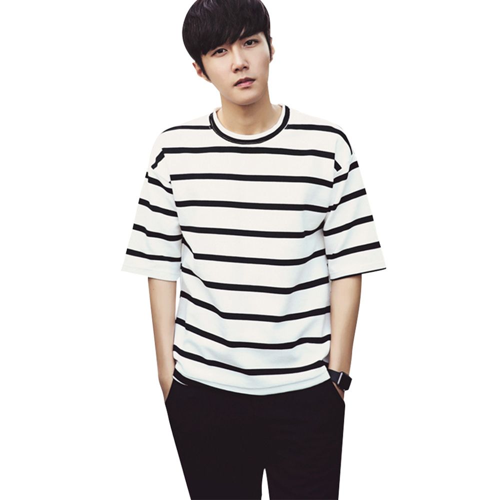 Men Casual All-match Stripe Round Neck Short Sleeve -shirt