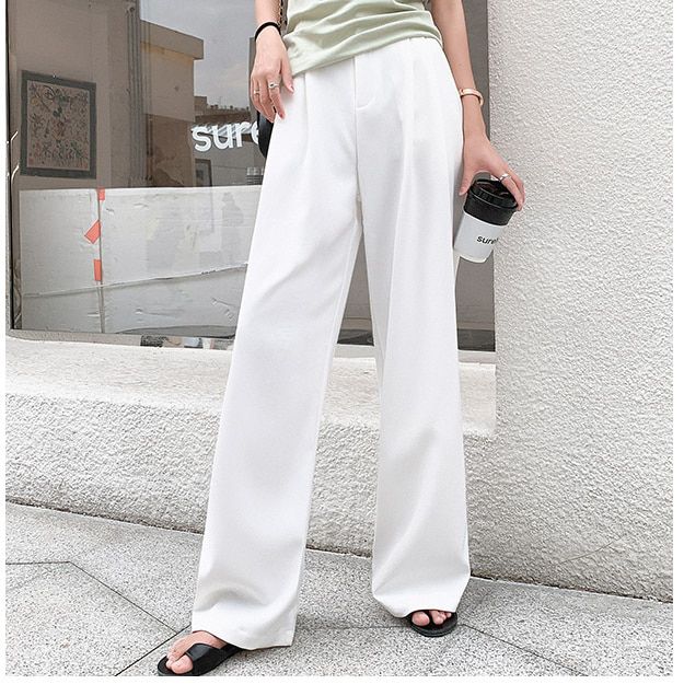 Retro Solid Color Wild Straight Wide Leg Pants Female Spring Korean Fashion High Waist Casual Long Pants