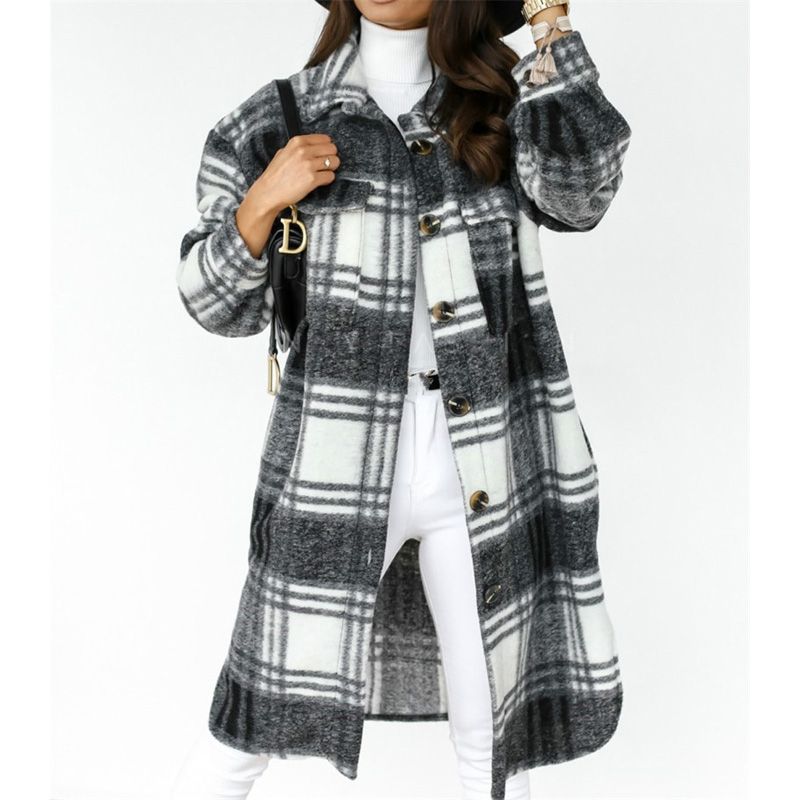 Women Korean Long Plaid Jackets Long Sleeve Fashion Plus Size Shirt Autumn Winter Windproof Casual Woolen Streetwear