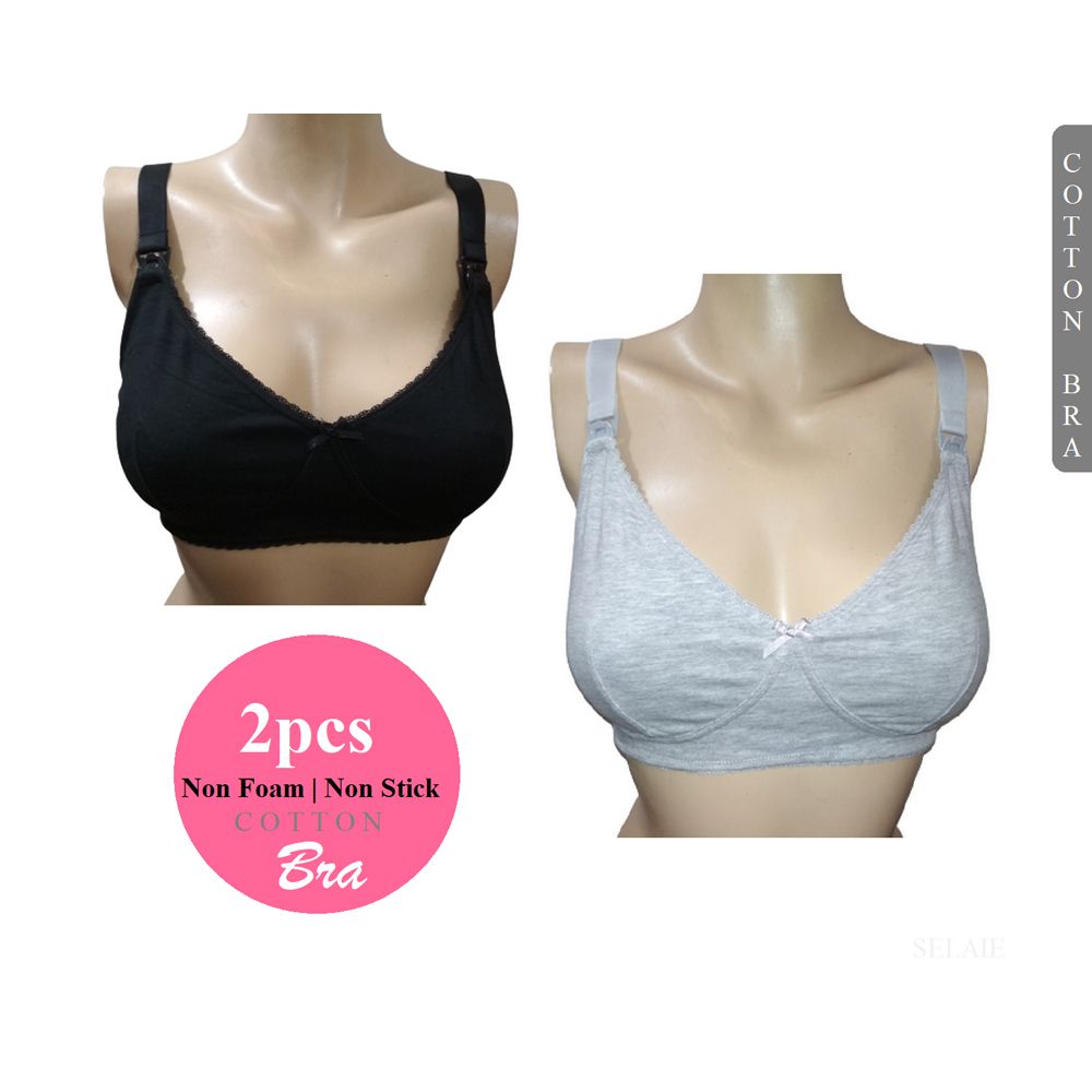 Bras Non Stick Non Foam 2 Pcs for Women Cotton Black and Grey Color Wide Strap with 4 Layer hook in Back side