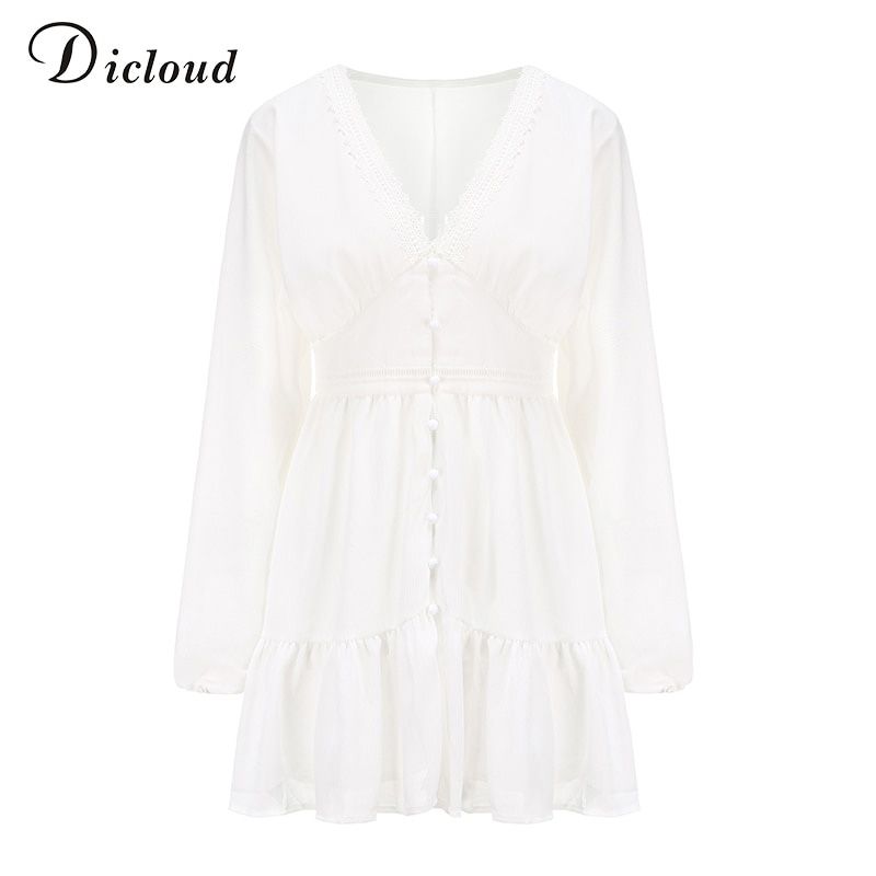 Plunge V Neck Women's Summer Dress White Lace Long Sleeve Mini Wedding Party Dress Ruffle Elegant Clothes