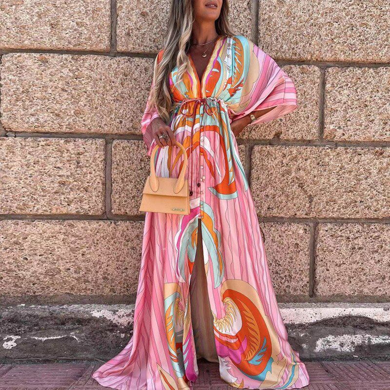 Women Gorgeous Print Hem Maxi Dress Summer Boho Deep V Button Party Dresses Elegant Slit Elastic Waist Beach Long Dress XXL