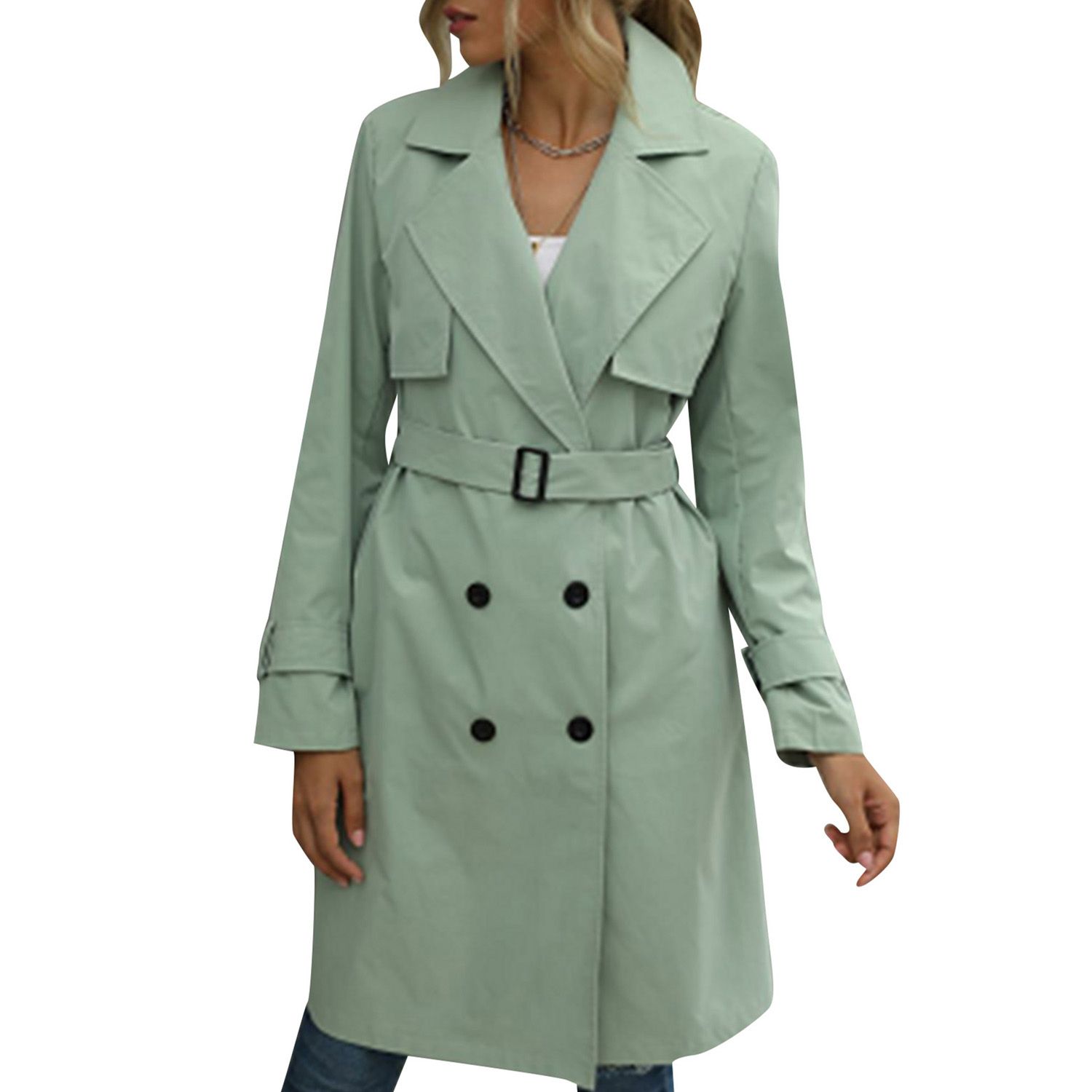 Ladies Casual Wind Coat, Spring Autumn Girls Solid Color Long Sleeve Lapel Double-breasted Outwear with Belt