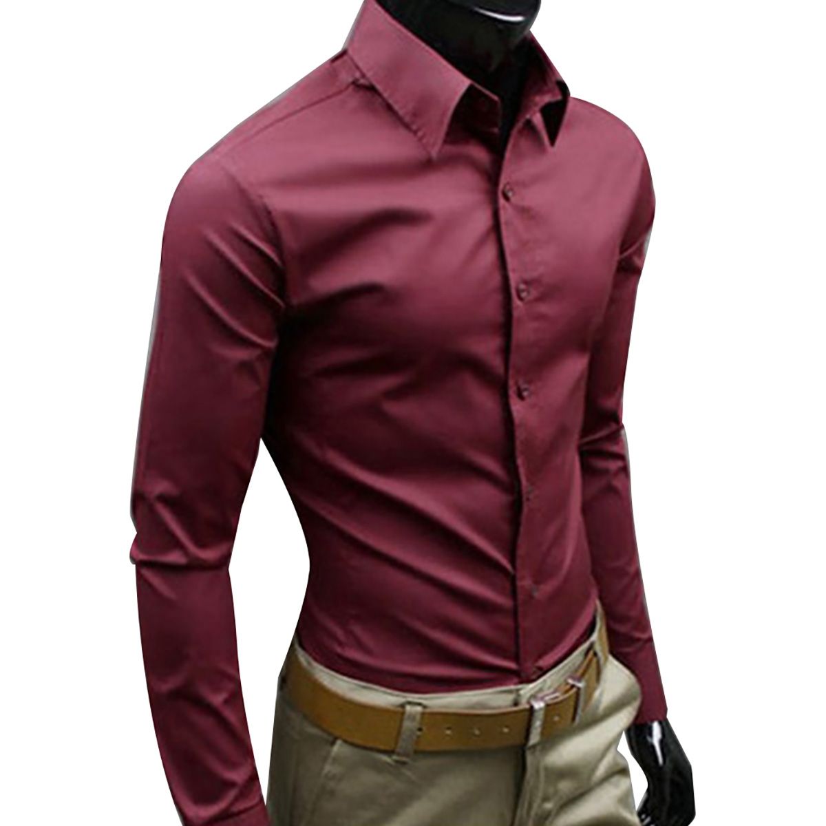 Men Solid Color Business Slim Fit Long Sleeve Button Turn Down Collar Shirt Top