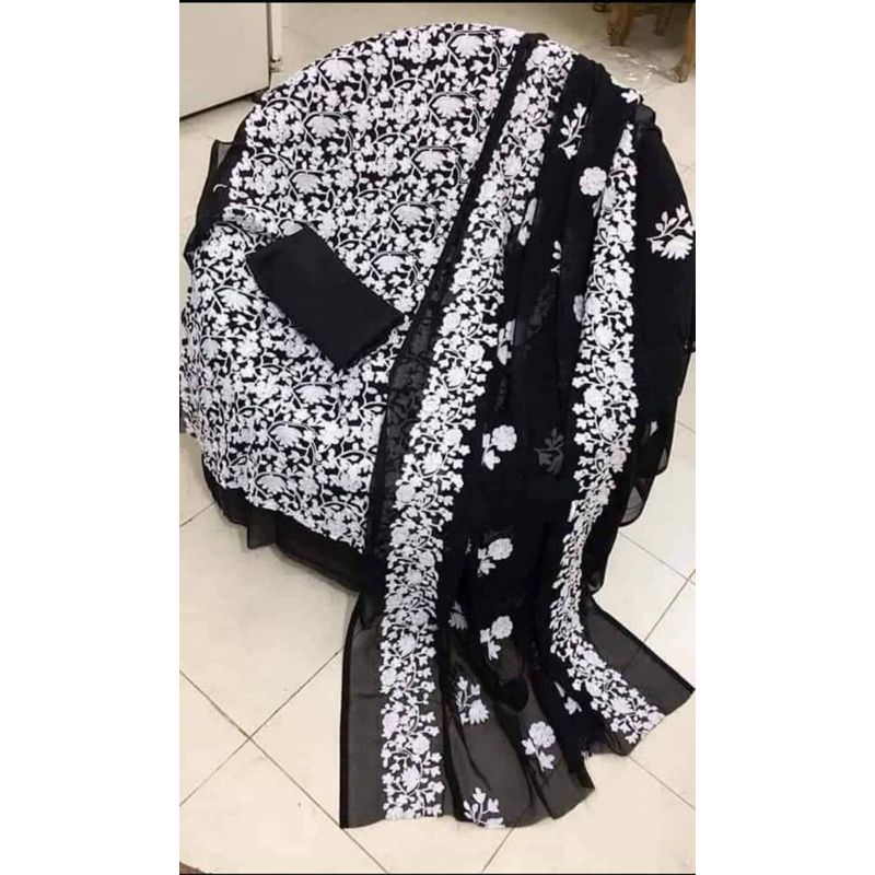 Fulkari 4 piece for girls Full Embroidery Fulkari Dress for girls Unstitched-Black