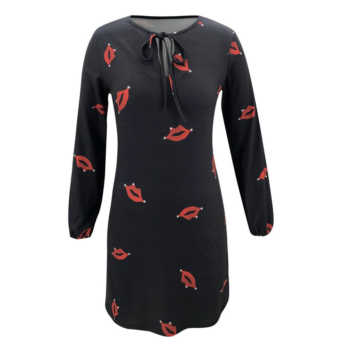 2021 Women Elegant Dress, Long Sleeve Round Collar Medium Length Printing Skirt, Beige/ Black/ Aquamarine