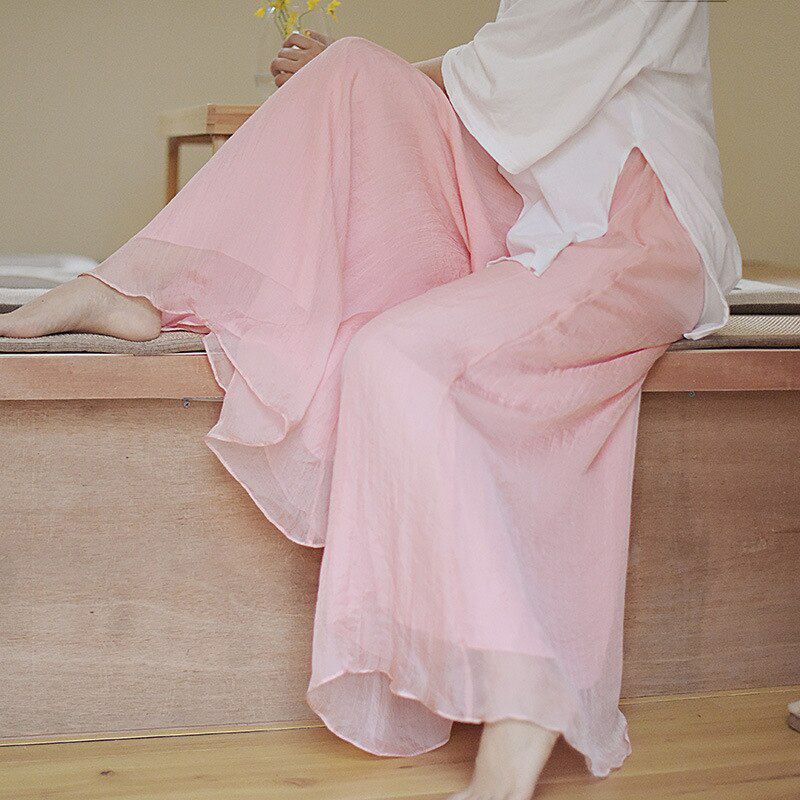 Women Elegant Solid Cotton Pants Korean Summer Retro High Waist Two Layer Wide Leg Pant Long Boho Trousers Female C- 071