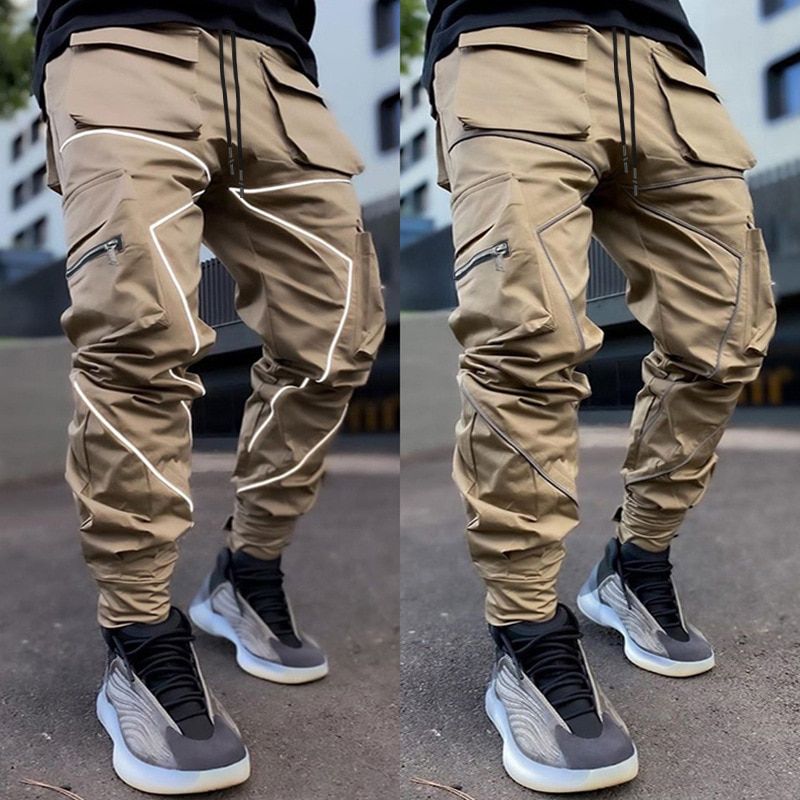 Mens Casual Cargo Pants Loose Plus Size Striped Multi Pocket Sports Fitness Hop Jogger Trousers