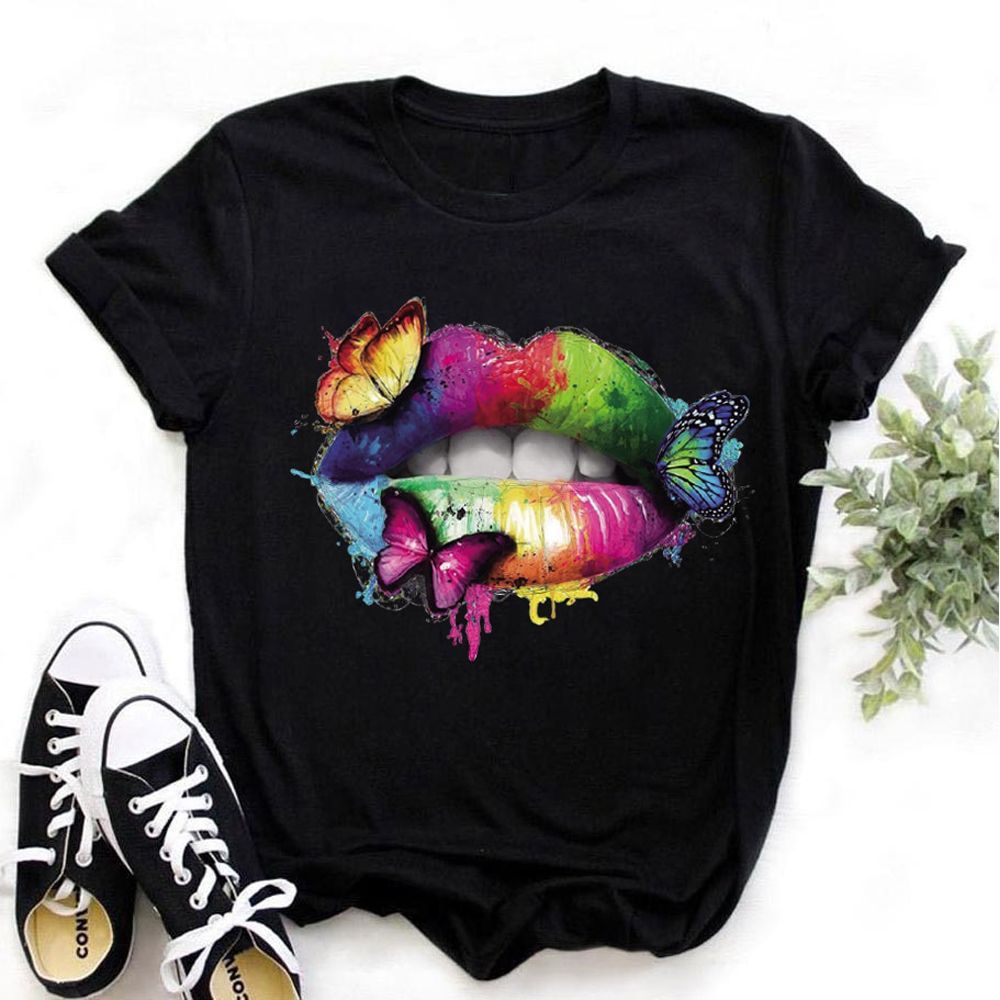 ZOGANKIN Cool Streetwear Female Black T-shirt Rainbow Lipes Print Harajuku  Women Summer Casual T Shirt Femme Tops