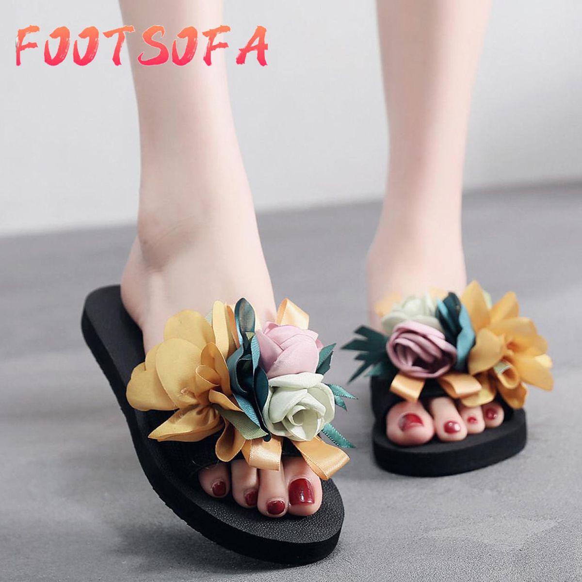 Korean sandals for women  ClearanceWomen's Flower Flat Slippers Summer Sandals Non-slip Beach Shoes