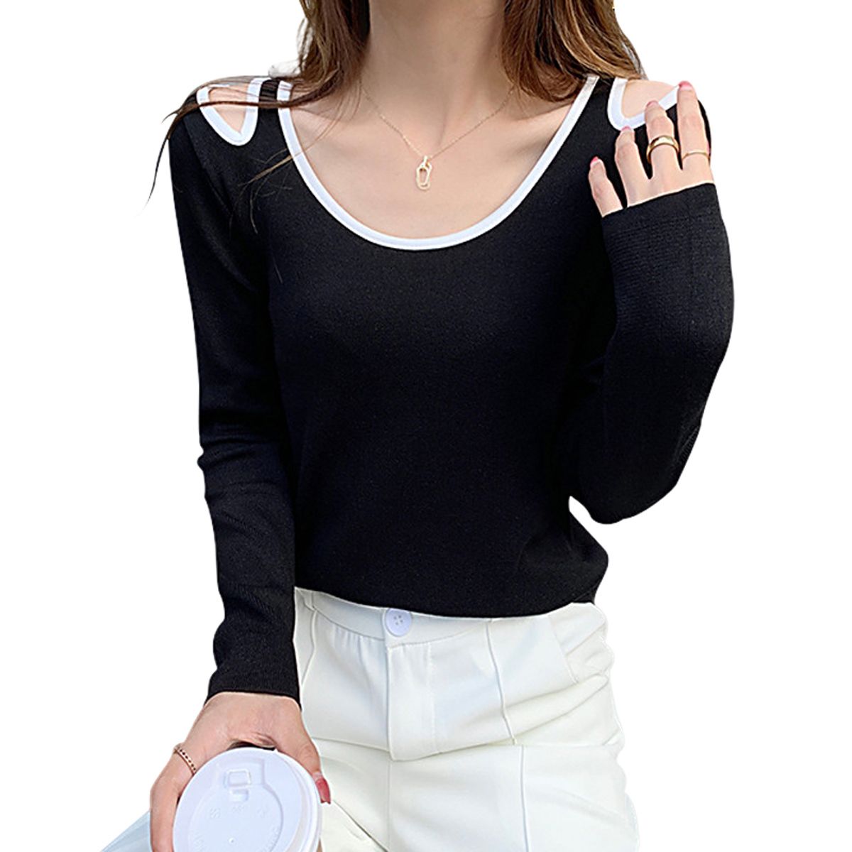 Women's Slim Fit Long Sleeve Crewneck Tee Cold Shoulder Ribbed Knitwear Casual T-Shirt Tops