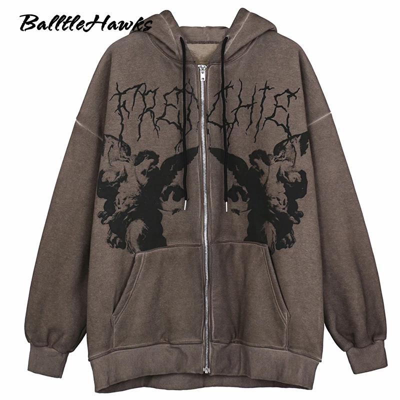 Tops E-Girl Punk Women's Streetwear Hooded Jacket Angel Dark Print Jacket Coat Harajuku Cotton Jacket Coat Zipper