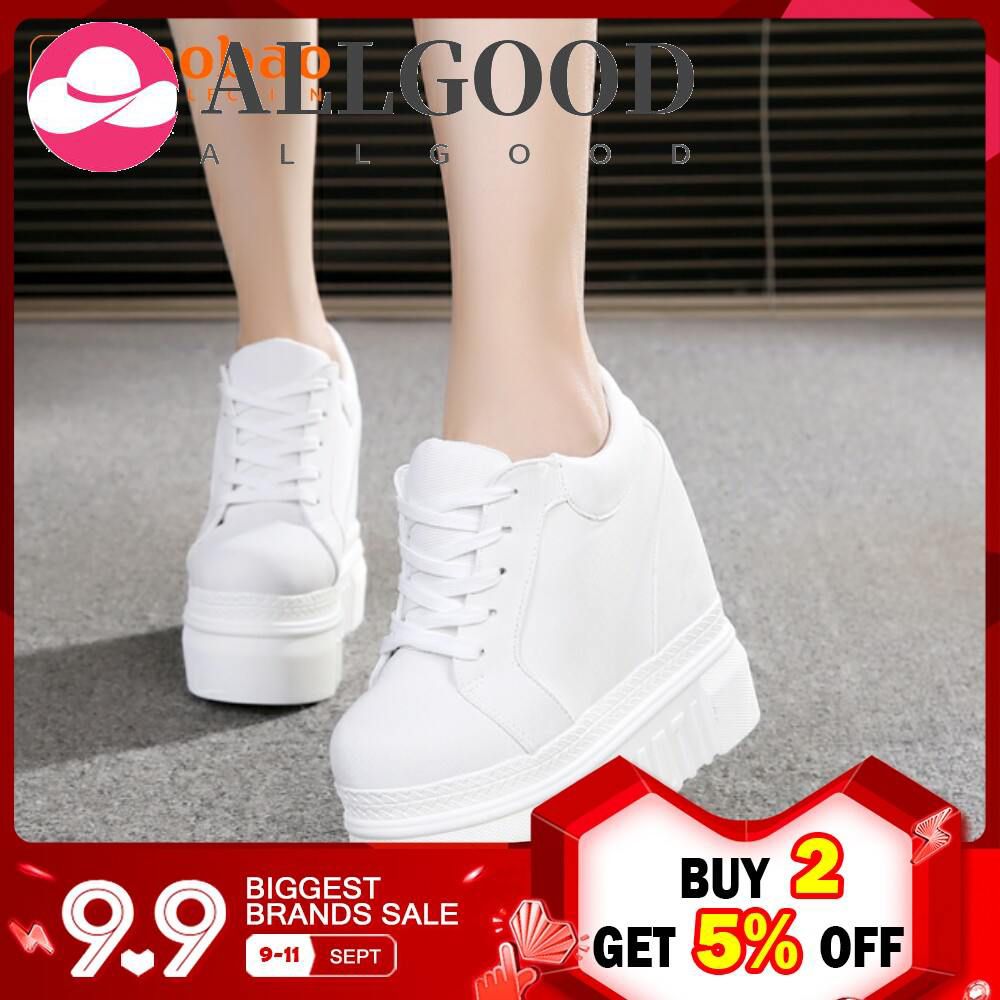 Korean Style Spring And Autumn New Style Thick Bottomed Platform Shoes Students Canvas White Shoes Slanted Heel Elevator Super High Heels Leisure Shoes