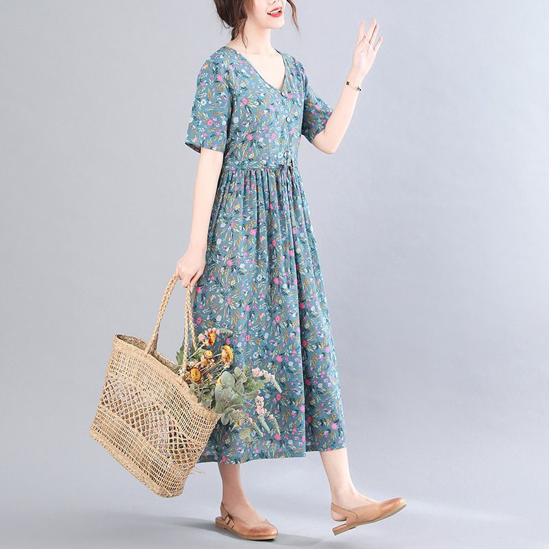 2021 New Print Floral Prairie Chic Vintage Dress Cotton Linen Short Sleeve Loose Summer Dress Plus Size Women Casual Long Dress