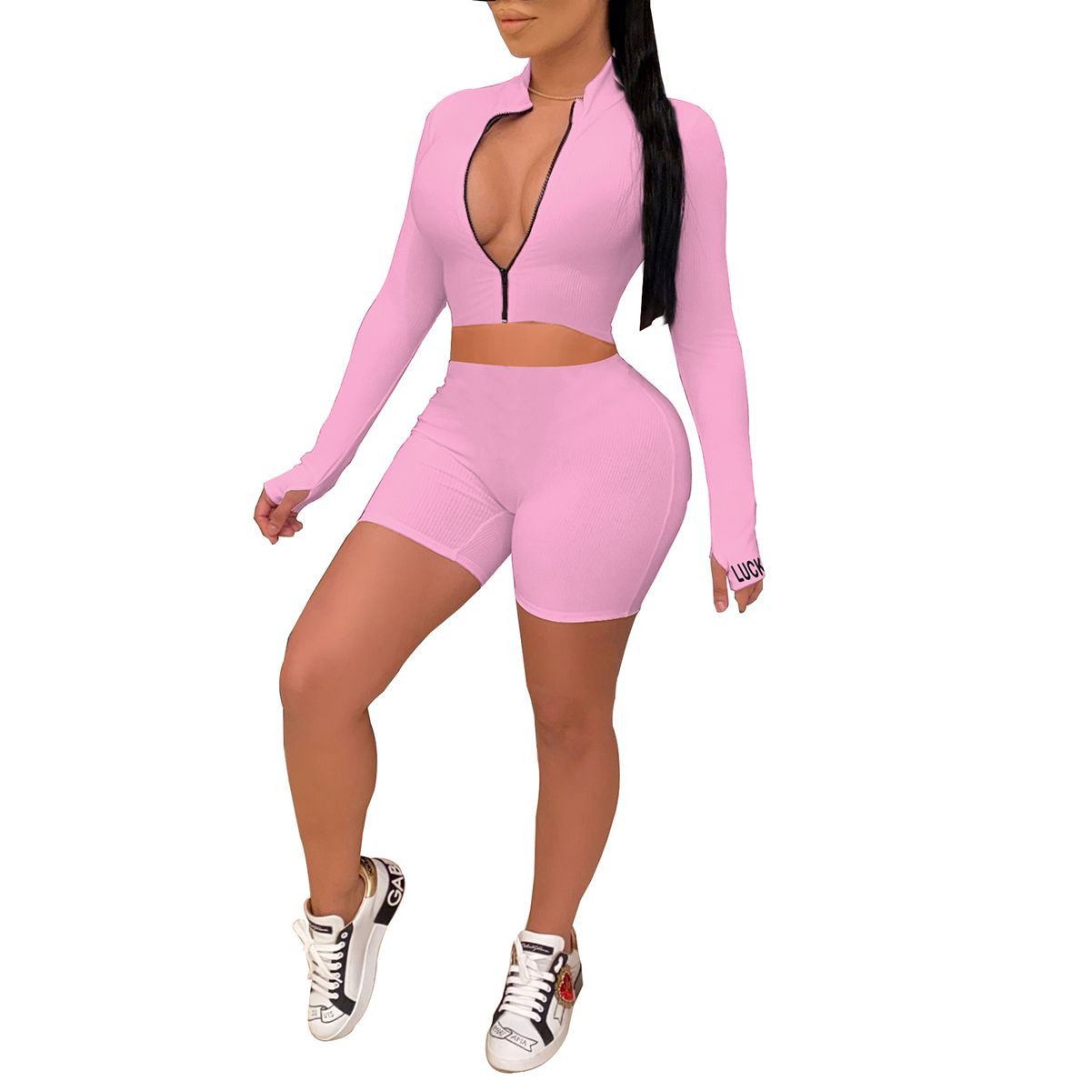 2021 2-Pcs Women's Long Sleeve Sportswear, Solid Color Zipper Elastic Crop Top, Tight-fitting Short Pants
