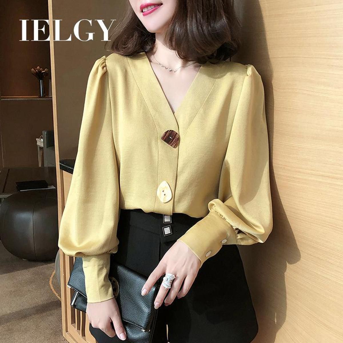 IELGY shirt female design sense of the small retro Hong Kong flavor V-neck shirt light cooked lanterns sleeves shirt tide