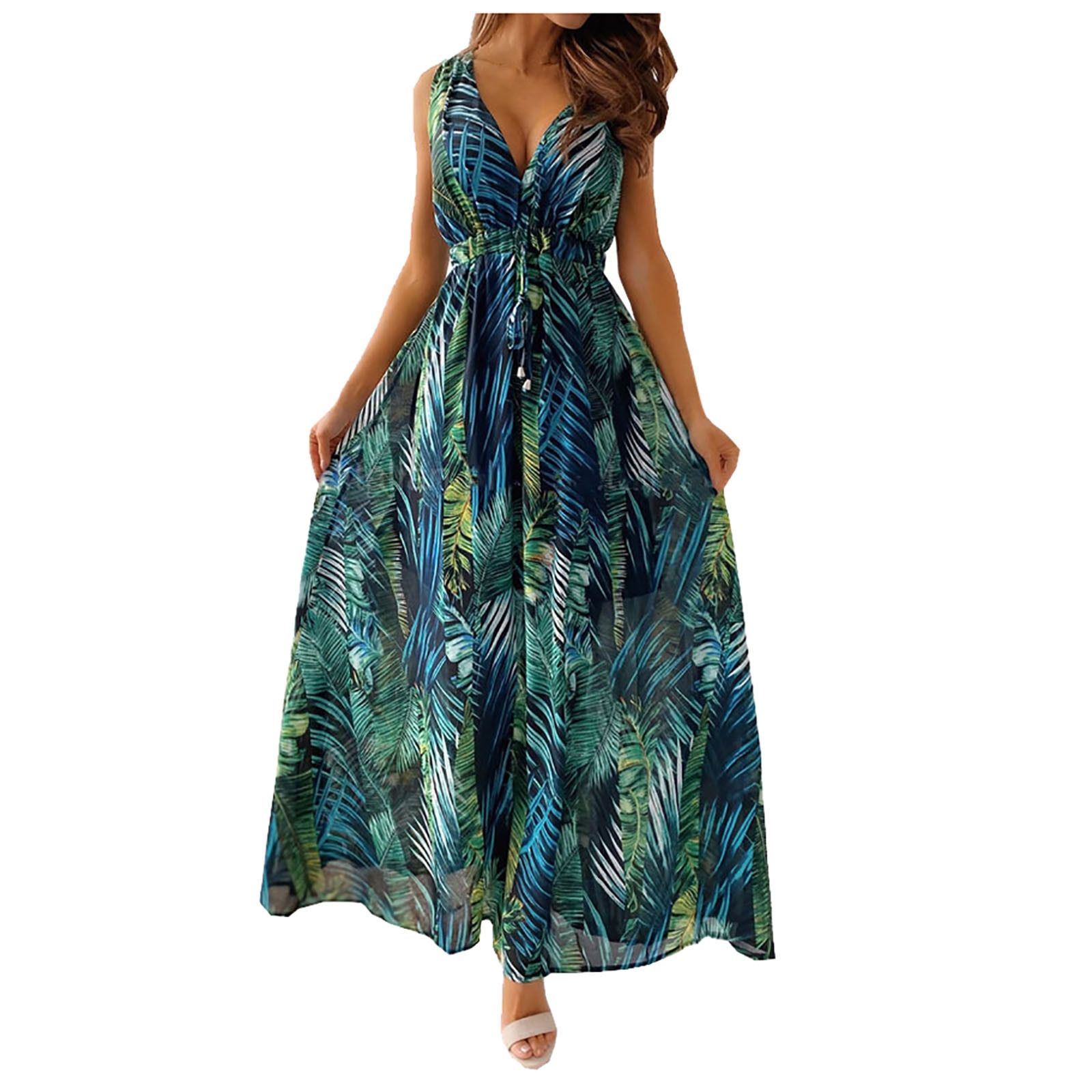 Women'S Summer Long Dress Fashion New Floral Print Deep V-Neck Halter Strap Long Dress Banquet Wedding Guest Holiday Beach