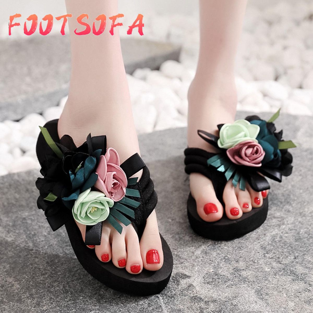 Women Flowers Beach Breathable Shoes Sandals Home Slipper Flip-Flops Flat Shoes
