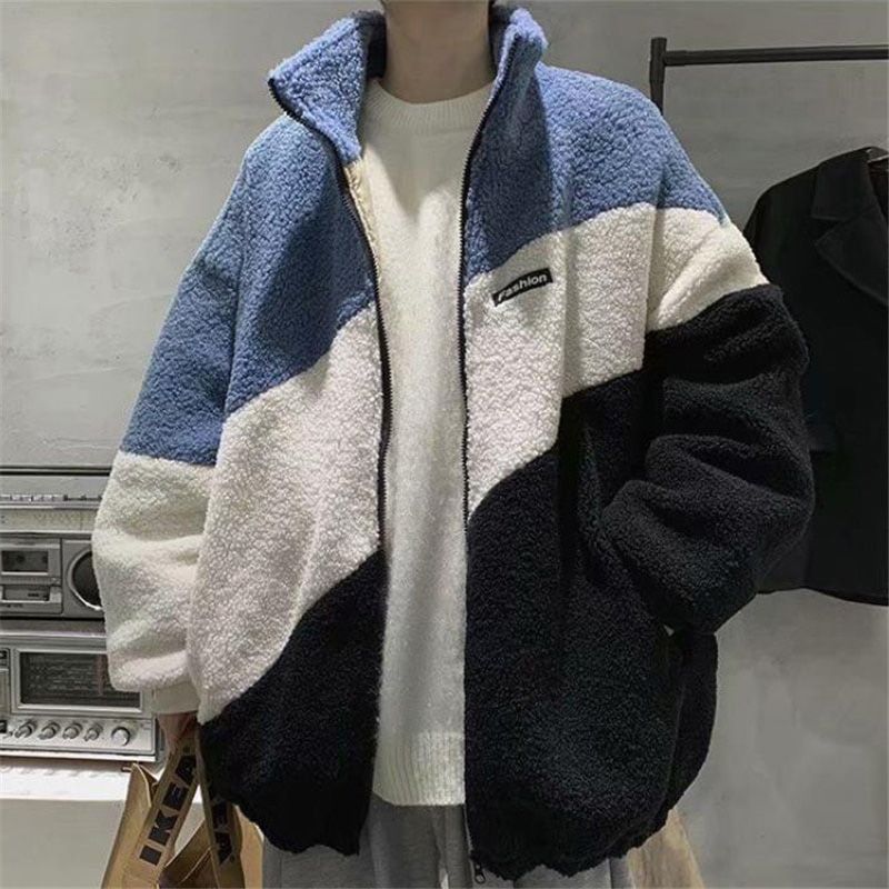 Autumn Winter Style Men Coats Fashion Warm Lamb Wool Coat Warm Cotton Clothes Male Loose Stand-up Collar Zipper Tops