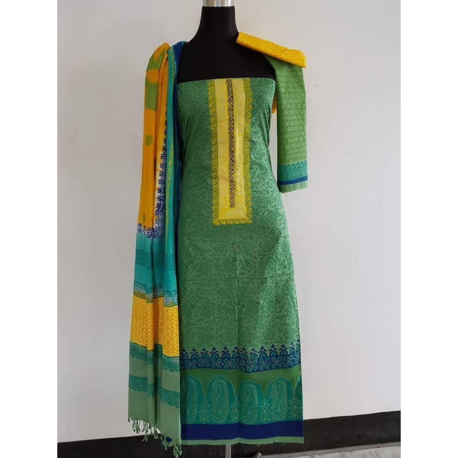 Green and yellow Cotton Un-Stitched Salwar Kameez for Women