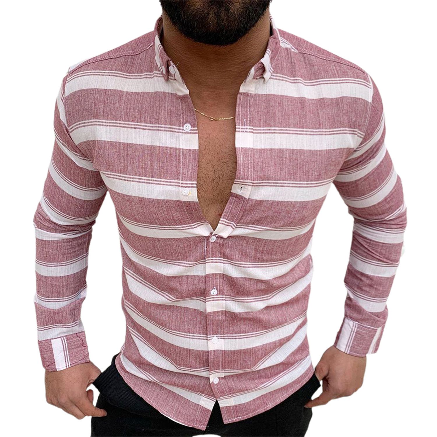 Long Sleeve Lapel Men Shirt Soft Striped Print Buttons Closure Autumn Shirt Streetwear