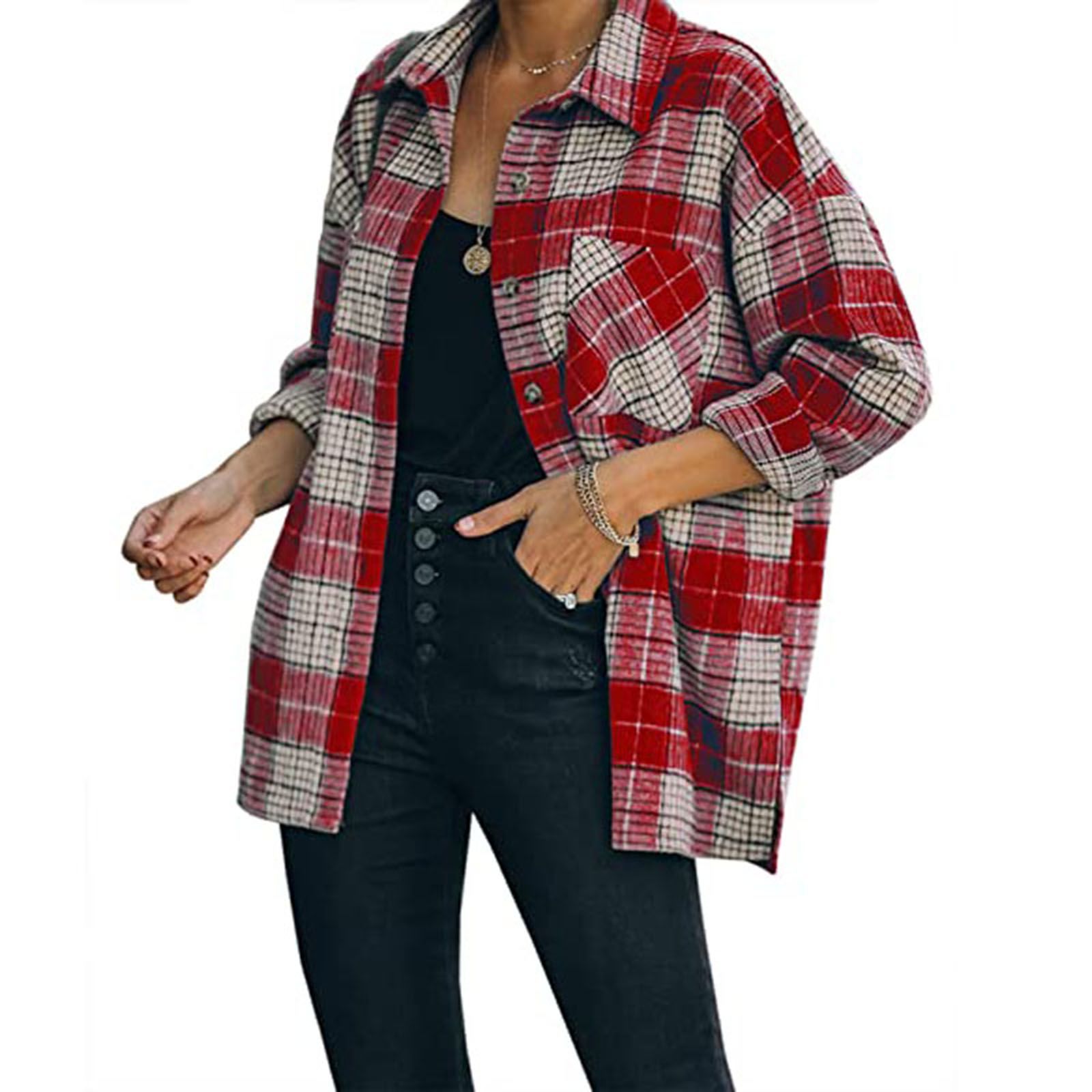Women Casual Blouse Shirt, Plaid Pattern Pocket Tops Button Down Lapel Neck Long Sleeve Coat